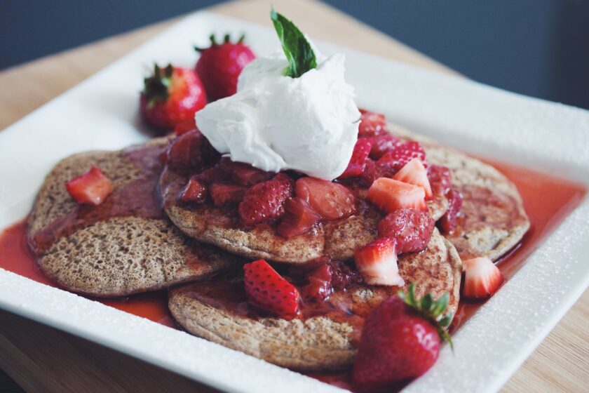 buckwheat pancakes with brandied strawberries & coconut whip_hot for food
