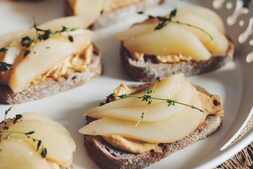 smoked cashew cheese toast with poached pear & fried thyme vegan recipe