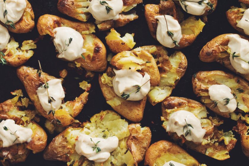 smashed potatoes with roasted cashew cream vegan