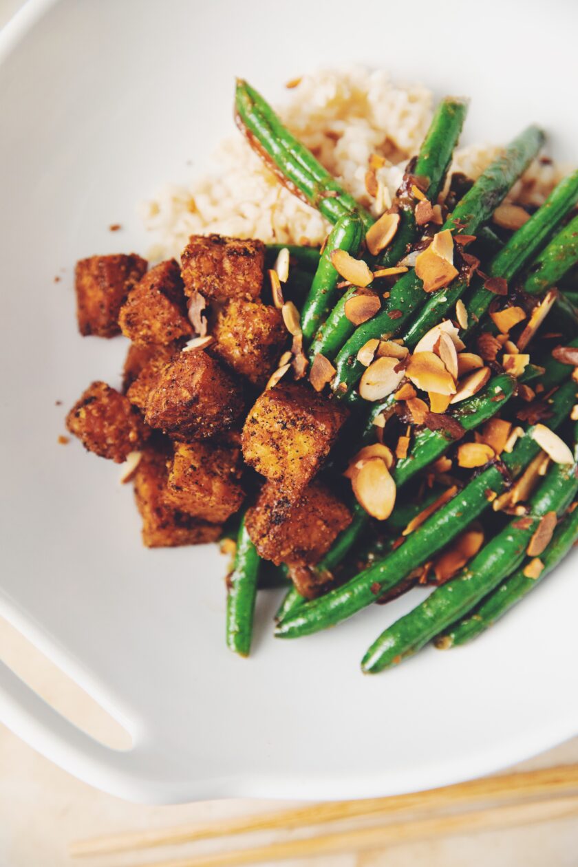 tempeh croutons and miso green beans