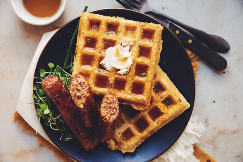vegan cornbread waffles with sausage