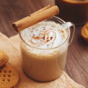 vegan pumpkin spice latte served in a mug