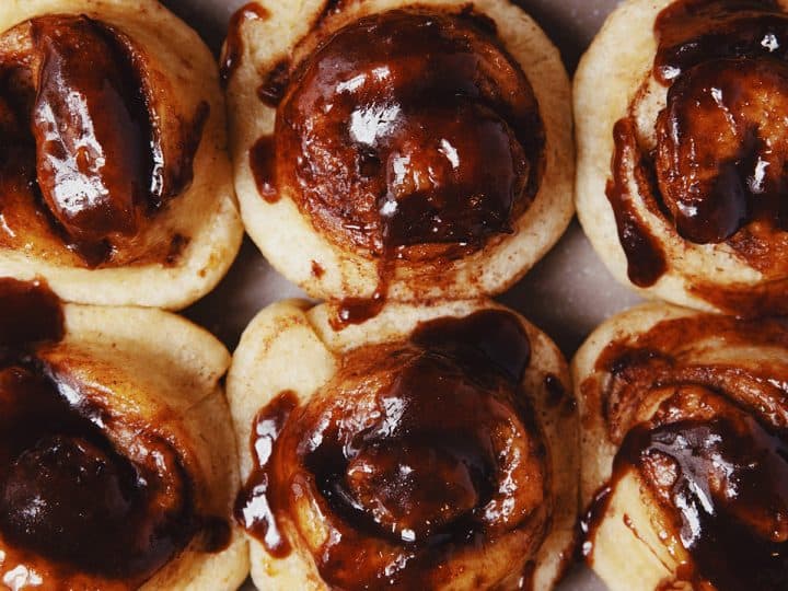overhead and close up of the tops of miso caramel sticky buns