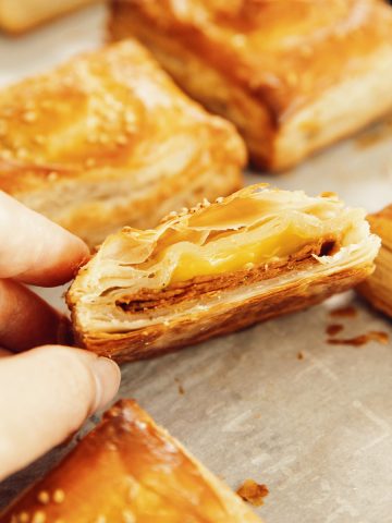 diners view showing the inside of vegan ham and cheese croissant
