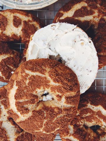 overhead of vegan cinnamon crunch bagels panera copycat with honey walnut cream cheese