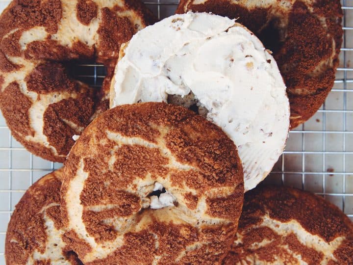 overhead of vegan cinnamon crunch bagels panera copycat with honey walnut cream cheese